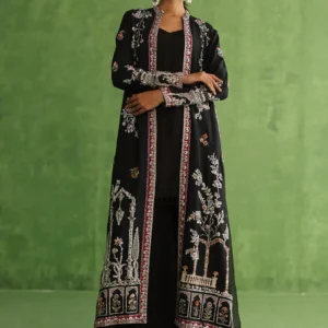 Black Pure Raw Silk Front Open Gown Set