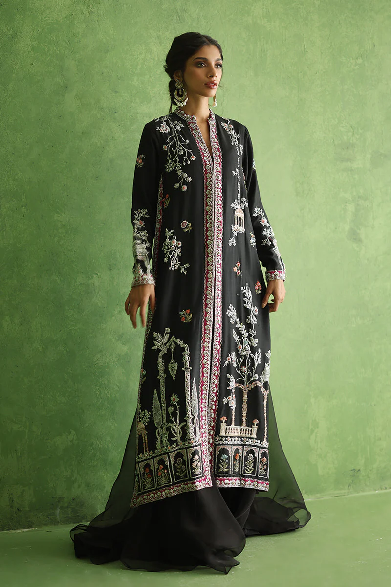 Black Pure Raw Silk Front Open Gown Set - Image 6