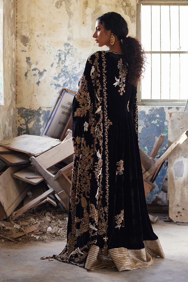 Black Pure Velvet Dress with Gold and Silver Handcrafted - Image 3