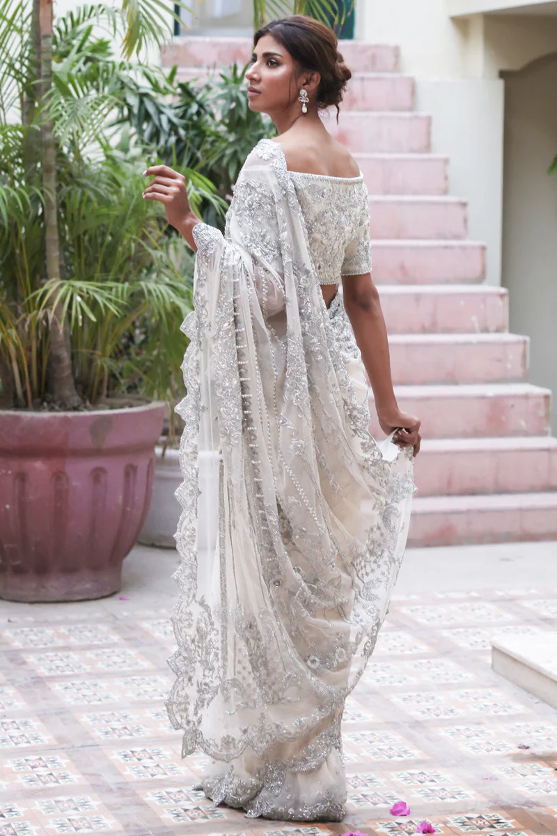 Luxury Ivory Saree with Silver Zardozi - Image 2