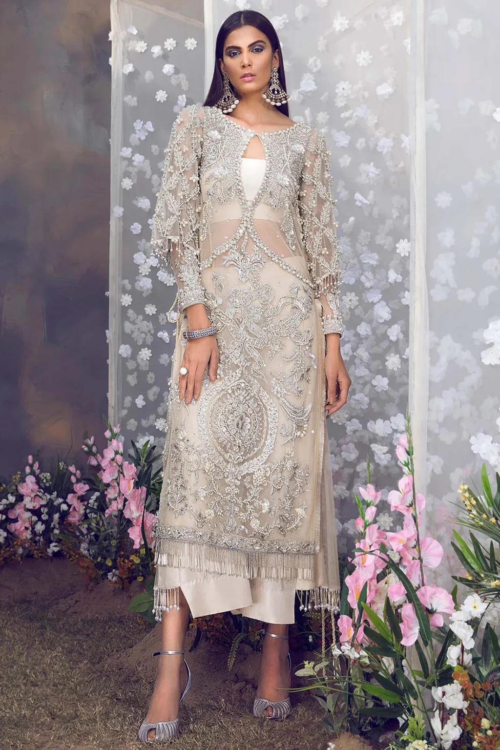 Hand-Sequined Ivory Long Shirt