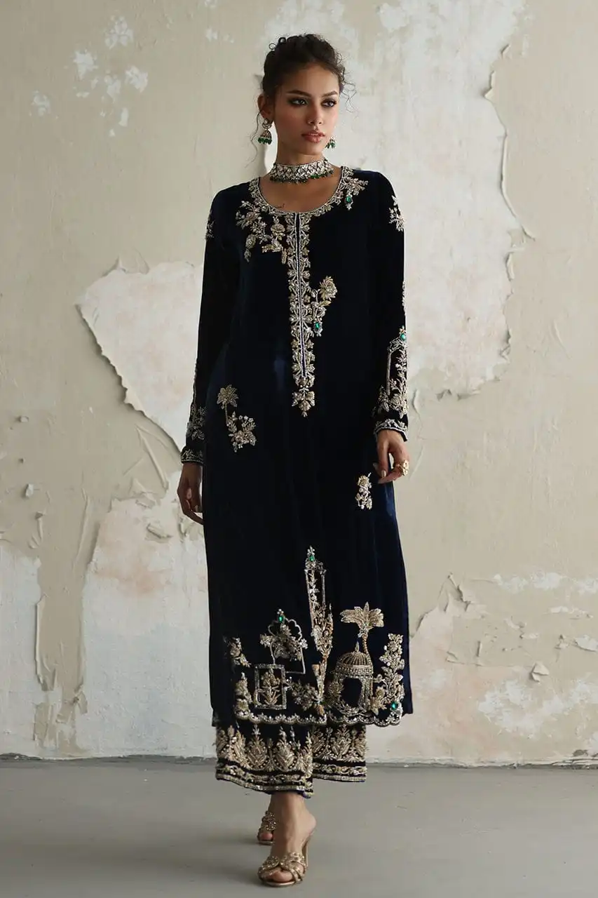 Exquisite Handmade Embroidered Velvet Dress - Image 2