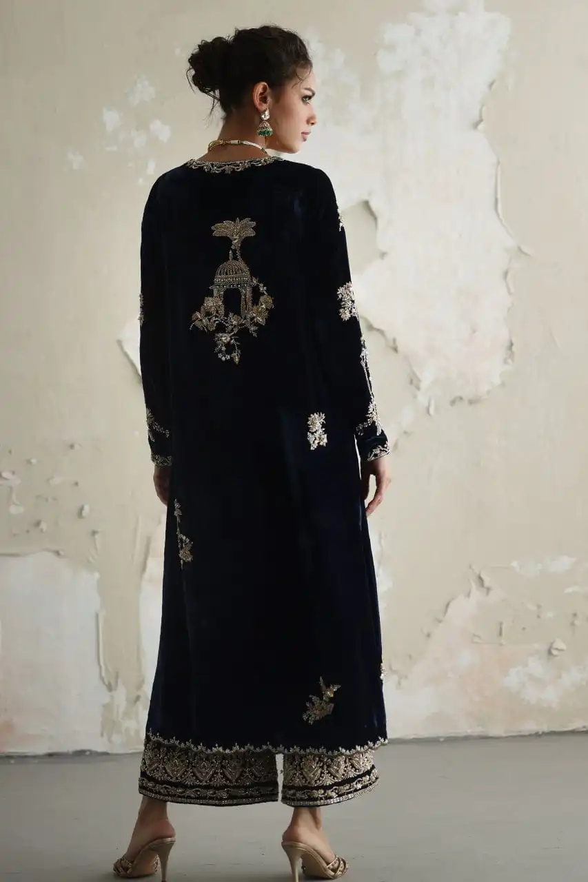 Exquisite Handmade Embroidered Velvet Dress - Image 3