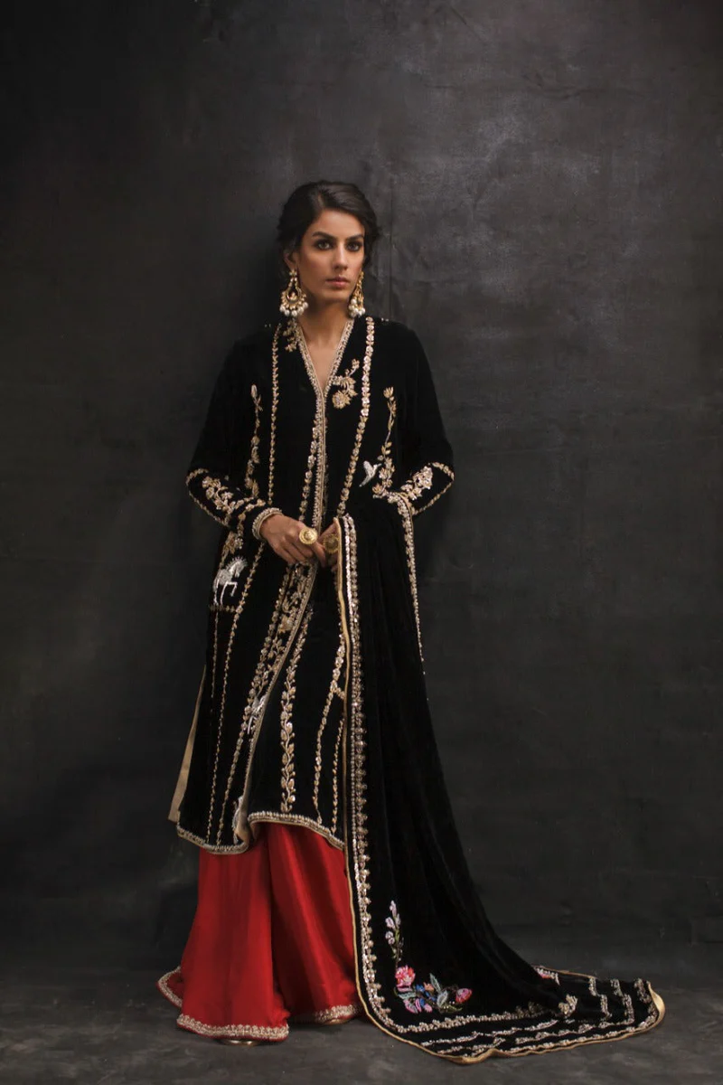 Black Velvet Dupatta and Pure Raw Silk Chogha - Image 2