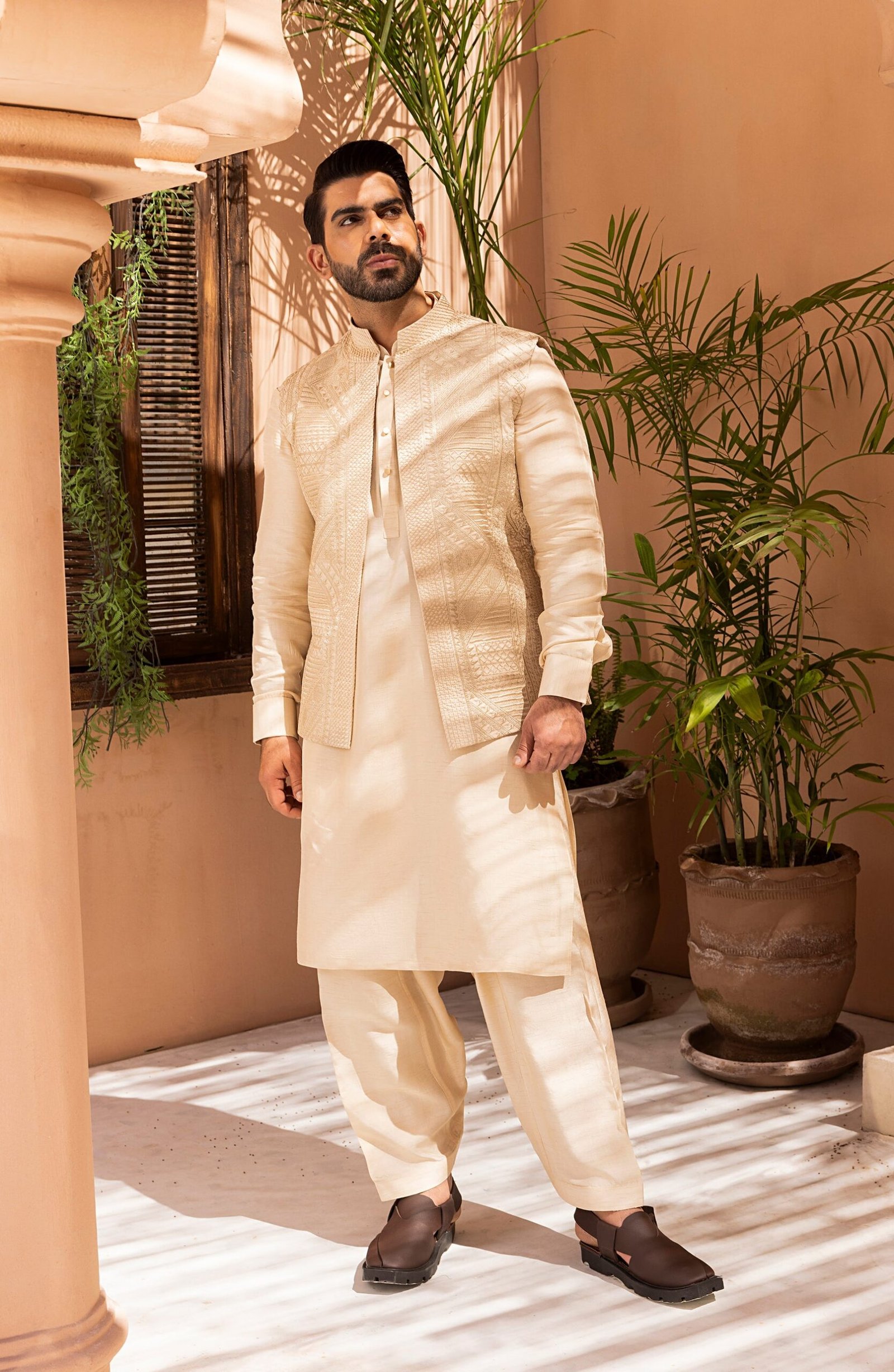 Creme Embroidered Waistcoat Shalwar Kameez