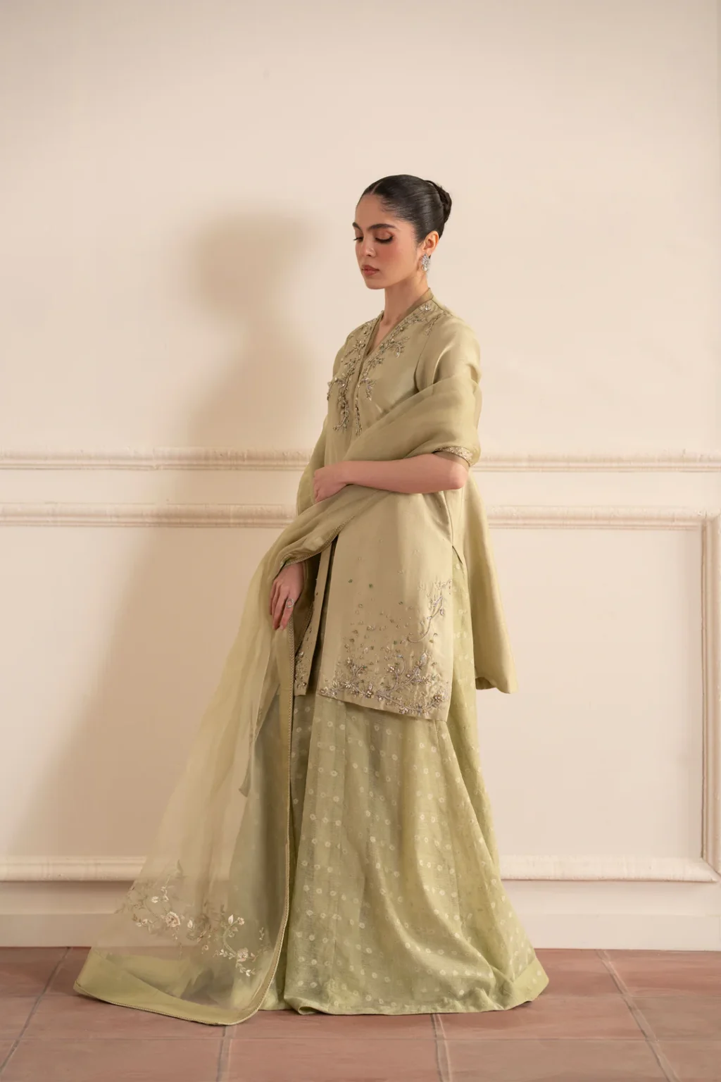 Elegant Charlotte Lime Green Raw Silk Short Shirt - Image 3